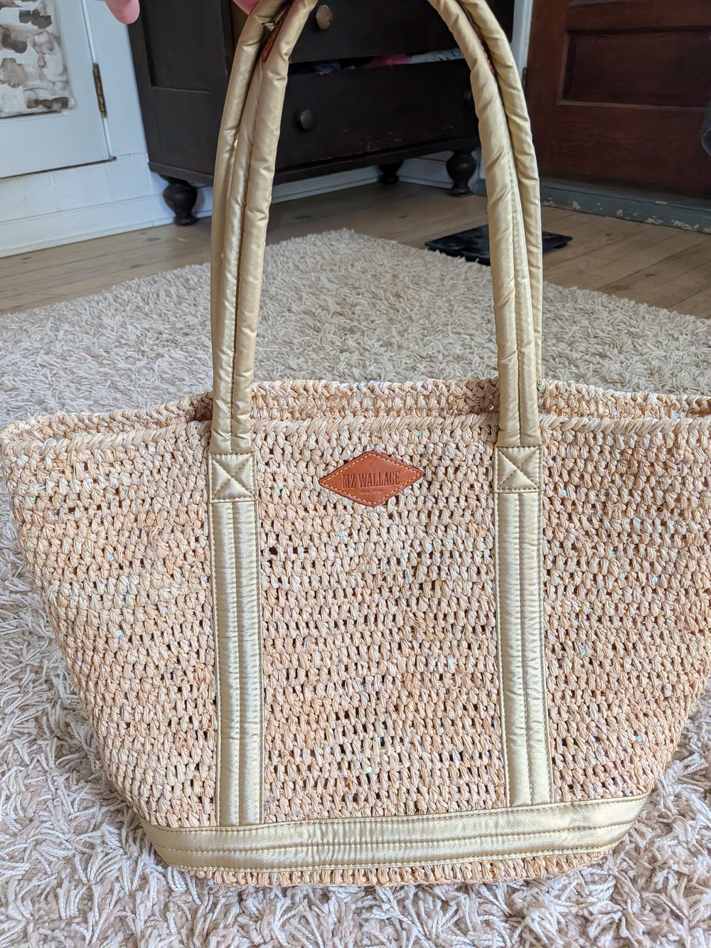 MZ Wallace Medium Raffia  Woven Tote Bag with Gold Trim